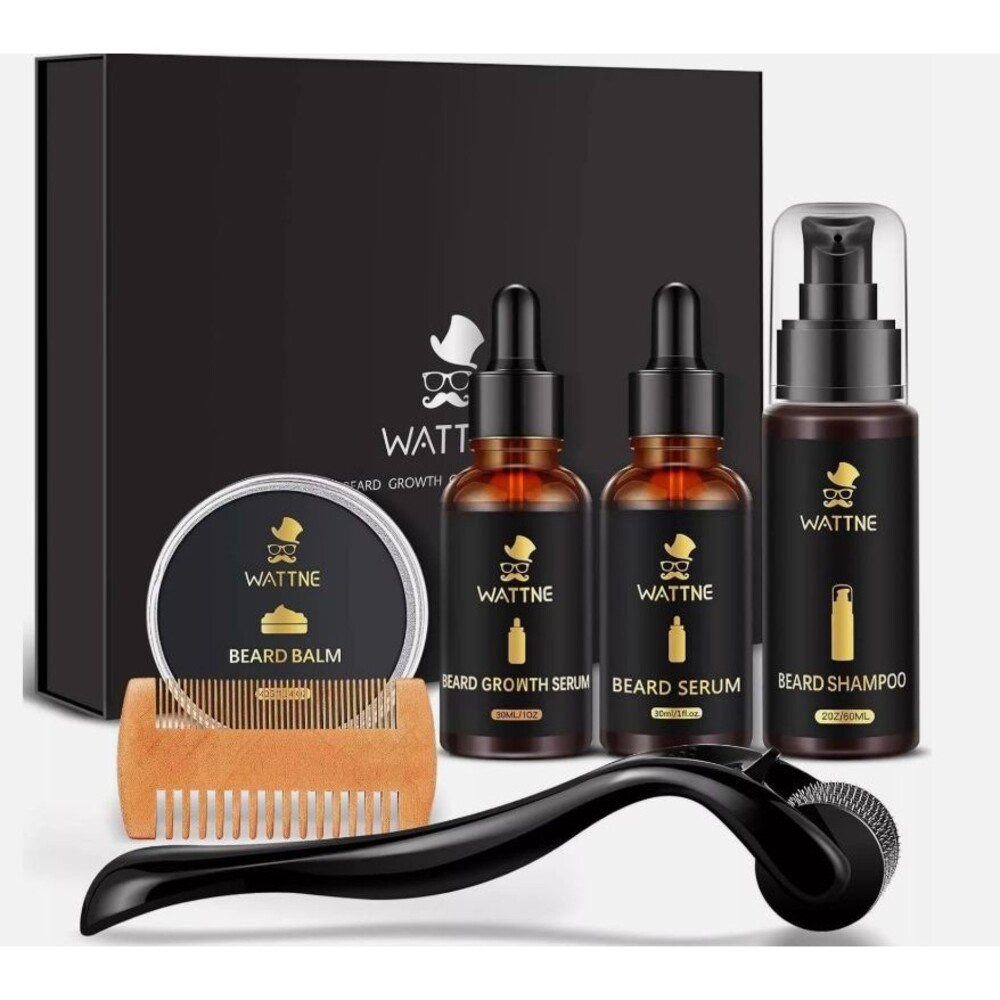 Wattne Beard Growth Kit Derma Roller Biotin Serum Balm Shampoo Comb Gift Set